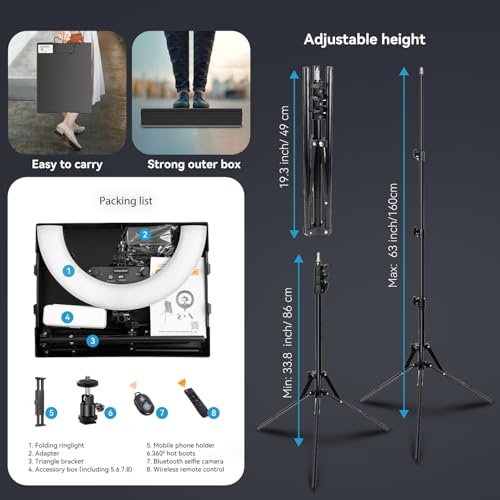 18 Inch Ring Light Kit, 55W6700k Dimmable LED Light, Tripod Stand, Remote Controller,Box,CRI95,Black - color: black