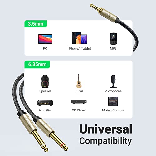 UGREEN 1/8 to 1/4 Stereo Cable 3.5mm TRS to Dual 6.35mm 1/4 TS Mono Y Splitter Audio Cord Adapter Compatible with iPhone, PC, Computer Sound Card, Mixer, Multimedia Speaker, Home Stereo System 10FT - size: 10FT