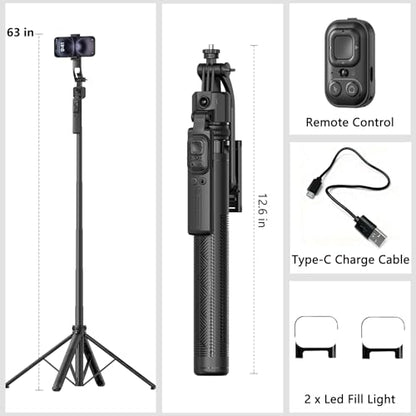 Auto Face Tracking Selfie Stick Tripod for iPhone with Light 360° Rotation That Follows Your Movement 63" Camera Tripod Stand with Remote for Content Creator Vlog Live Stream Video Recording - style: B-Auto Face Tracking Tripod with 2 Square Light
