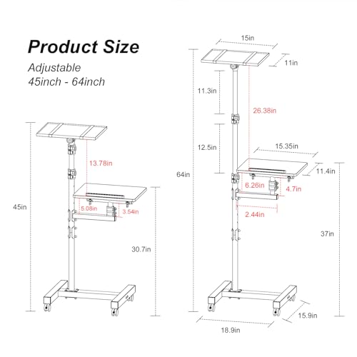 Facilife 2 Shelves Projector Stand Tripod, Height Adjustable Max 64", Mobile Laptop Cart on Wheels Projector Tripod Stand, Overbed Table with Wheels, Rolling Laptop Floor Stand for Couch
