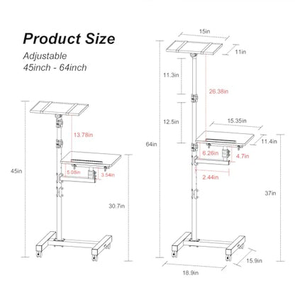 Facilife 2 Shelves Projector Stand Tripod, Height Adjustable Max 64", Mobile Laptop Cart on Wheels Projector Tripod Stand, Overbed Table with Wheels, Rolling Laptop Floor Stand for Couch