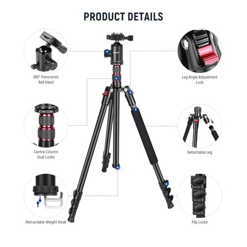 NEEWER 77” Camera Tripod Monopod with Phone Holder, Portable Travel Tripod with Remote, 360° Ball Head, 2 Axis Center Column, Arca QR Plate and Bag, Aluminum DSLR Tripod 34lb Max Load, TP77 - style: Travel Tripod with Remote