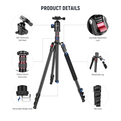 NEEWER 77” Camera Tripod Monopod with Phone Holder, Portable Travel Tripod with Remote, 360° Ball Head, 2 Axis Center Column, Arca QR Plate and Bag, Aluminum DSLR Tripod 34lb Max Load, TP77 - style: Travel Tripod with Remote