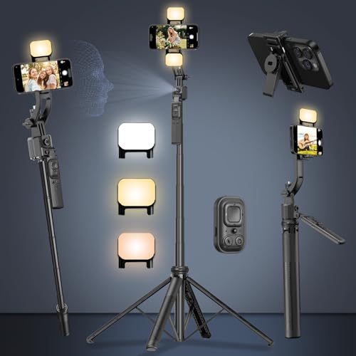 Auto Face Tracking Tripod for iPhone with Light 63” Selfie Stick Tripod Stand Follows Your Movement 360° Phone Camera Tripod with Wireless Remote for Content Creator Vlog Live Stream Video Recording - style: C17-Auto Face Tracking Tripod with 2 Square Lig