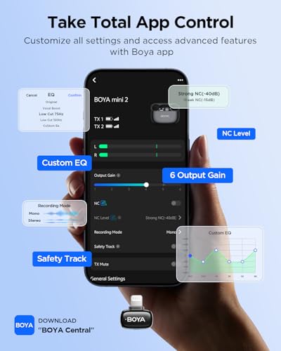 BOYA Mini 2 Wireless Lavalier Microphone with AI Noise Cancellation, App Control, 30H Battery Charging Case - for iPhone, Video, Podcasts, Vlogging, TikTok, YouTube - style: Mini 2(Lightning)