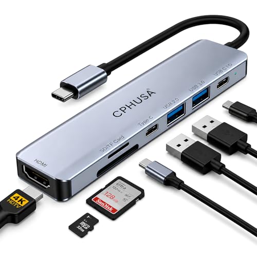 USB C Hub 7-in-1 for MacBook Pro/Air, Multiport Adapter with 4K HDMI, 100W PD Charging, USB 3.0, SD/TF Card Reader, USB-C Docking Station for MacBook, Dell, HP