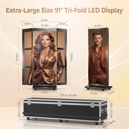 91" LED Digital Signage Display with Flight Case, Triple Foldable Spliceable LED Poster Screen,GOB Commercial Kiosk, Smartphone One-Cick Control, for Events, Rentals - size: Large fold & Flight Case