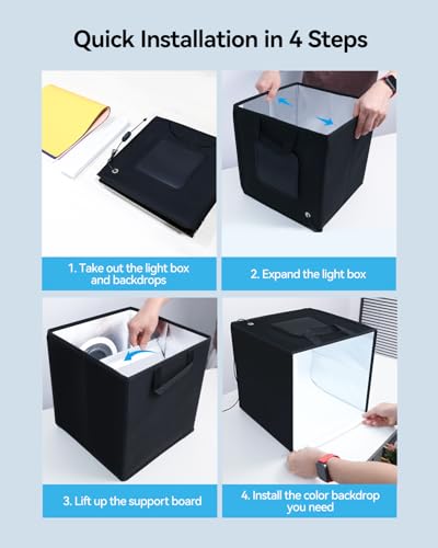 Takerers 12"x12"x12" Photo Studio Light Box Photography Booth with 120 LEDs, 3000-5700k Adjustable, 6 Color Backdrops, Dimmable Folding Shooting Tents for Product