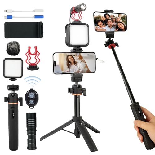 Vlogging Kit for iPhone, Android, Compatible YouTube Starter Kit for with Rechargeable LED Light + Microphone + Phone Clip + Multifunctional Tripod for Vlogging, Instagram, TikTok
