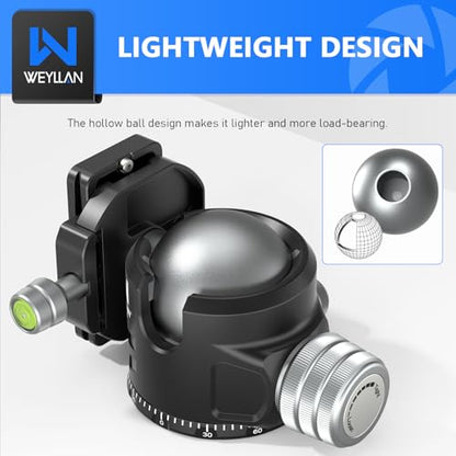 Low Profile Ball Head 52mm Tripod Head WEYLLAN DH52 Camera Head Mount, CNC Heavy Duty Ball Head with Two 1/4" Quick Release Plates, Panoramic Ballhead for Tripod, Monopod, DSLR, Max Load 66lbs /30kg - size: 52mm