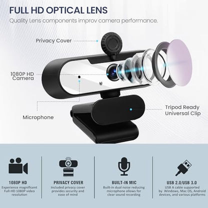 USB HD 1080P Video Webcam and Wide Angle Camera with Built-in Microphone and Rotatable Tripod,for Laptop Computer or Desktop PC,Great for Live Streaming.Calls.Video Conferencing(White)