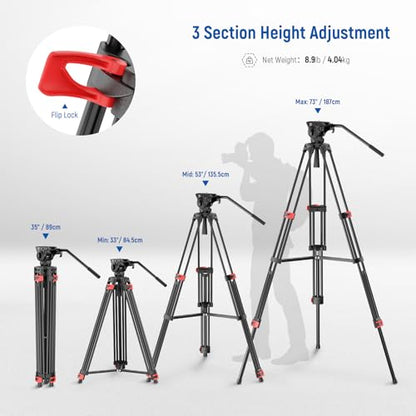 NEEWER Basic 74" Video Tripod with Fluid Head , Metal Camera Tripod with Smooth Friction Damping, Mid Level Spreader, Quick Release Plate Compatible with Manfrotto 501, Max Load 17.6lb, TP37 - style: TP37