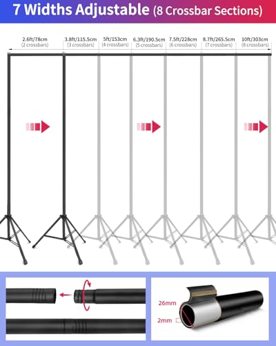 Backdrop Stand 10 x 8 Ft (WxH), Adjustable Photography Background Stand Support Kit with 6 Clamps & Carrying Bag for Photo Studio, Party, Wedding, Decoration, Projector Screen