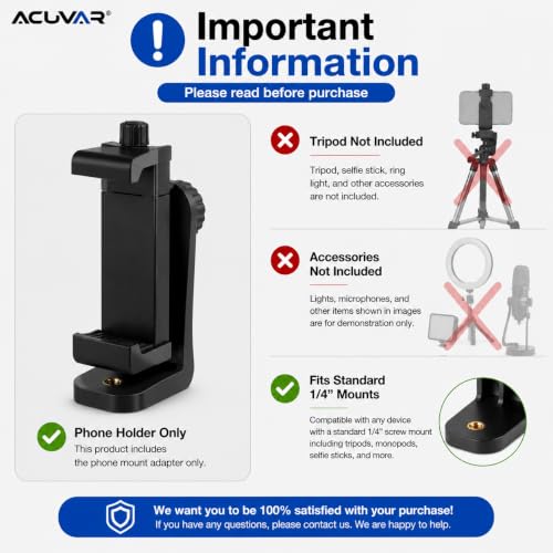 Acuvar Phone Mount for Tripod, Universal Smartphone Holder Adapter with 1/4" Screw, Adjustable Clip for iPhone & Android, Vertical & Horizontal Tripod Phone Holder - style: 1) Rotating Phone Mount