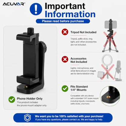 Acuvar Phone Mount for Tripod, Universal Smartphone Holder Adapter with 1/4" Screw, Adjustable Clip for iPhone & Android, Vertical & Horizontal Tripod Phone Holder - style: 1) Rotating Phone Mount