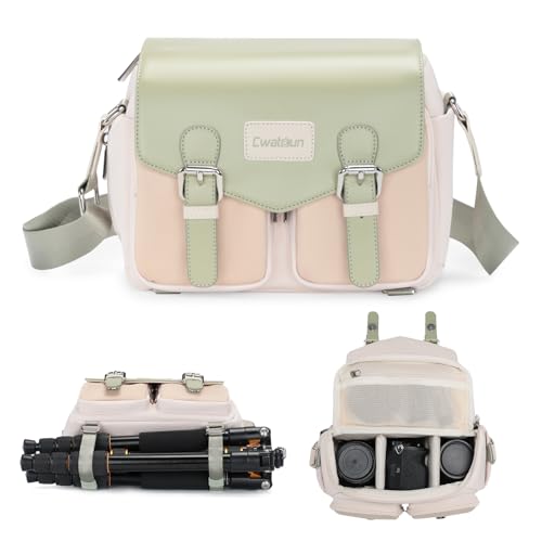 Cwatcun Camera Messenger Bag, Waterproof Flap Camera Crossbody Shoulder Case with Tripod Holder, Travel Photography Bag for Canon, Nikon, Sony, Fuji DSLR/SLR/Mirrorless Camera, Lens （Light Green）, M - color: Light Green, size: M