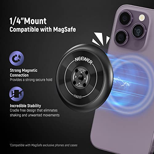 NEEWER Magnetic Phone Tripod Mount Adapter with 1/4" Holes Compatible with iPhone MagSafe Selfie Stick for 15 Pro Max 15 Plus 14 13 12 Pro Max Mini, Phone Holder for Ring Light Video Recording, PA010 - style: PA010