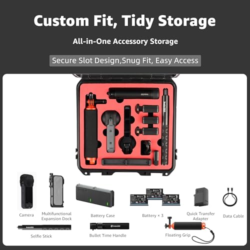 Waterproof Hard Case for Insta360 X5 Essentials Bundle/X4/X3 | Holds Up to 6 Batteries | Shockproof & Dustproof Protection | Fits Floating Hand Grip, Selfie Stick, Lens Guards & Accessories