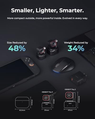 OBSBOT Tiny 3 AI-Powered Spatial Audio 4K Webcam, AI Tracking PTZ Camera with 1/1.28" Sensor, Tri-Mic, Voice & Gesture Control, 120FPS, HDR, Web Cam for PC, Laptop, Streaming, Meeting, Zoom, Teams