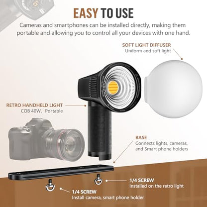 LENSGO 40H Retro Camera Flash Light with Diffuser, Rechargeable 40W Bi-Color 2700K-7000K CRI96 Video Light, Dimmable 0-100%, 8 Lighting Effects, Compatible with DSLR/GoPro/Sony/Canon/iPhone