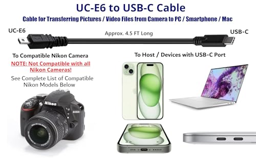 USB Picture Transfer Charge Cable with USB-C Connector UC-E6 UC-E16 UC-E17 for Select Nikon Coolpix/DSLR Cameras for PC, iPhone 15, Smartphone, MacBook (See Product Details, Pictures Before Buying)