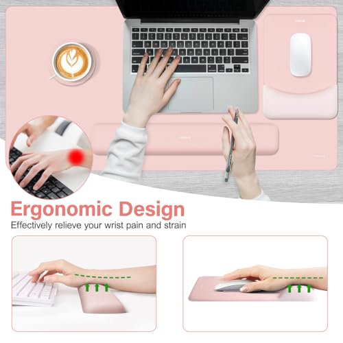 MOSISO Keyboard Mouse Pad Set, Large Gaming Mouse Pad&Rectangular Keyboard Wrist Rest&Mousepad with Wrist Rest&Coaster, Ergonomic Non-Slip&Easy Typing Pad with Curved Silicone Lining, Baby Pink - color: Baby Pink