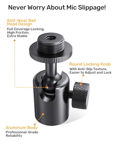 Ball and Socket Head Microphone Adapter with Angle Adjustment [All Metal], Universal Mic Stand Adapter for Audio Studio & Live Performance Mic Setups with 5/8" & 3/8'' Adapters