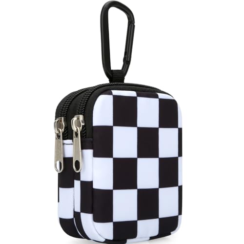 E-Tree Coin Purse with Carabiner Clip, Dual Layer Card Case Holder, Mini Pouch for AirPod Earphone Keychain USB Cable,Wallet, Small Accessories Organizer Bag for Women and Men (Black Checkered) - color: Black Checkered