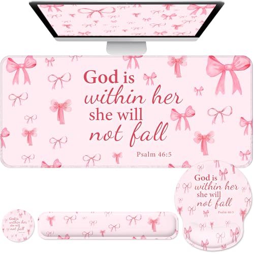 Desk Mat Set + Keyboard and Mouse Pad with Wrist Rest Support,4-in-1 Large Mousepad Computer Mats for Desktop Home & Office-Pink Bowtie - color: D4-Pink Bow Tie
