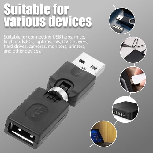 2 Pack USB 90 Degree Adapter, USB Male to Female USB2.0 Adapter | Rotatable 360 Degree Black Adjustable USB Right Angle Adapters Extension Adapters Convertor
