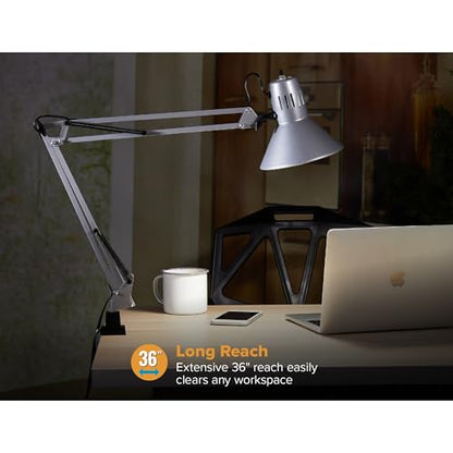 Bostitch Office VLF100-SLV Swing Arm Desk Lamp with Clamp Mount, 36" Reach with Multi-Joint Adjustment, Includes Replaceable LED Bulb (VLF), Silver - style: Clamp, Silver