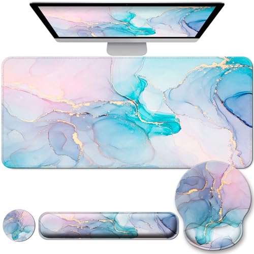Desk Mat Set + Keyboard and Mouse Pad with Wrist Rest Support,4-in-1 Large Mousepad Computer Mats for Desktop Home & Office-Golden Blue Marble - color: Q-Marble 1