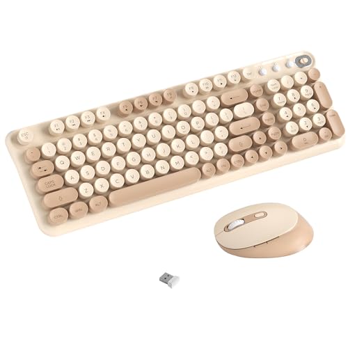 Wireless Keyboard and Mouse Combo, 2.4GHz USB Receiver, Plug and Play, Retro Full Size Typewriter Keyboard and Wireless Mouse for Computer, Laptop, Windows, Mac, and PC (Milk Tea) - color: Milk Tea