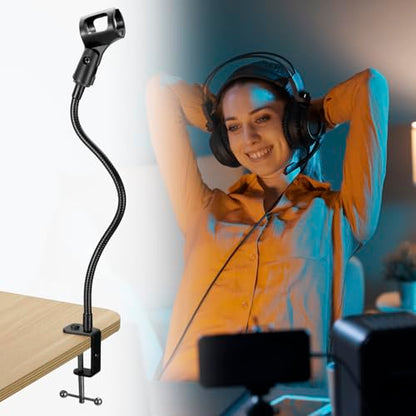 QWORK Gooseneck Microphone Stand 13 Inch, Clamp-On Desktop Mic Stand with 360° Flexible Arm, Heavy-Duty Desk Mount, 3/8" to 5/8" Adapter & Mic Clip for Podcasting, Streaming, Podium
