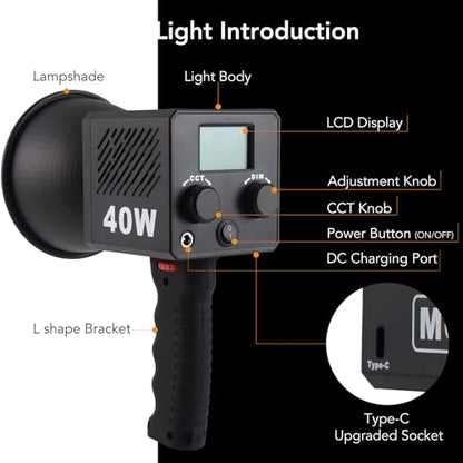 M60 Handle LED Video Light with Soft Box Protable Mini COB LED Bi-Color 2500-8500K CRI≥95 TLCI≥97 Built-in 3400mAh Battery Photo Studio Lights Vlog Shoot Fill Lighting 8 Scenes (M60 with Soft Box)