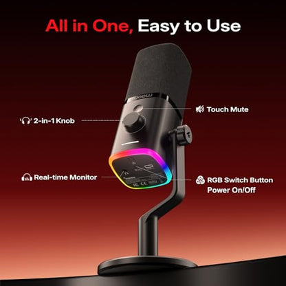 MAONO PD100W Wireless USB Dynamic Microphone, Gaming PC Mic with One-Click Noise Reduction,Mute Button,Custom RGB,3.5mm Headphone Jack,Software, Podcast Streaming Mic (Desktop(USB-C Receiver), Black) - color: Black