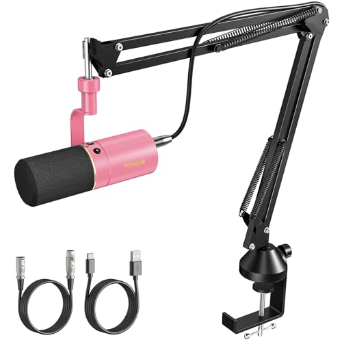 TONOR Dynamic Podcast Microphone, XLR/USB Mic for Recording, Streaming, XLR Cardioid Studio Mic with Quick Mute, 3.5mm Jack, Volume Control, 200 cm/78inch Cable, with Boom Arm, Pink, TD510+