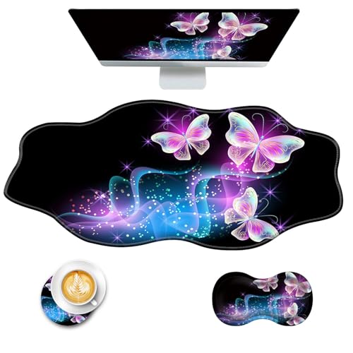 Mouse Pad with Wrist Support + Desk Mat + Coaster 3 in 1 Set, XXL Large Gaming Mousepad Ergonomic Mouse Pads for Desk Computer Laptop Office,Glowing Night Pink Butterflies - color: Glowing Night Pink Butterflies, size: 3 Pcs-XXL