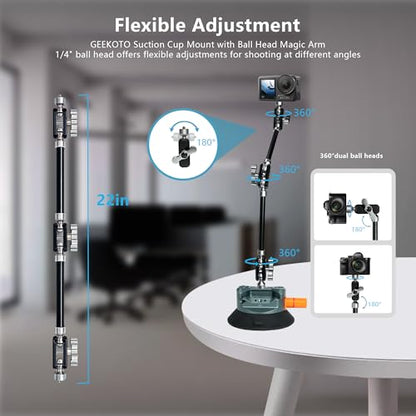 GEEKOTO 4.5” Suction Cup Mount with 22" Magic Arm,Camera Suction Cup Mount on Car Windshield/Dash/Window for iPhone/Action Camera/Content Creation/Live Streaming/Vlog - style: Suction Cup&Phone Clip