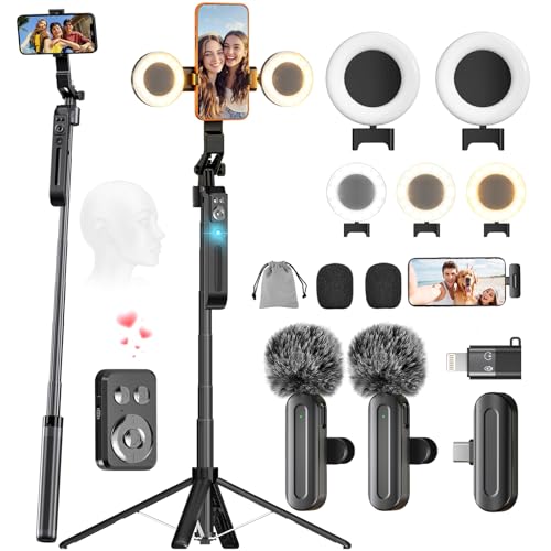 All-in-One Kit 71" Tripod 2 Lights, 2 Mics Auto Tracking for iPhone/Android | Content Creator Essentials, Wireless Remote & 360° Rotation Stand, No App. iPhone Tripod for Video Recording YouTube TikTok - color: black B