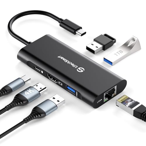 UtechSmart USB C Hub, Ethernet Multiport Adapter 6 in 1 USB C to HDMI Dock Compatible for MacBook Pro/Air, Chromebook, Dell XPS, HP and Type C Devices (Gigabit Ethernet 100W PD 4K HDMI USB 3.0) Black | with Gigabit Ethernet,4K HDMI,100W PD & USB3.0;Compat