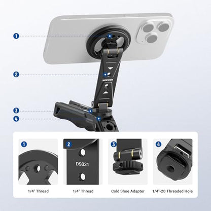 NEEWER Magnetic Phone Tripod Mount Compatible with MagSafe iPhone Samsung, Metal Adjustable Rotatable Cellphone Holder Adapter w/Cold Shoe for Tripod Mounting Camera Monitoring Video Recording, DS031