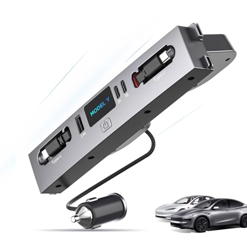 Max 132W Dual Type-C USB Hub, Tesla New Model Y Juniper (2026/2025) Accessories, 5 in 1 Fast Charger for iPhone 16/15 Series, 2-Retractable Cable & 3-Port Docking Station - style: Dual Type-C Tesla New Model Y Juniper (2026/2025)