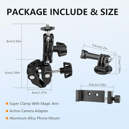 Chelhead Super Clamp Camera Mount with Phone Holder for Up to 3" Tubes | Dual 1/4"-20 & 3/8"-16 Threads, Compatible with DSLR Cameras, Action Cameras, LED Lights, Gimbals & Tripods - style: For Camera & Phone