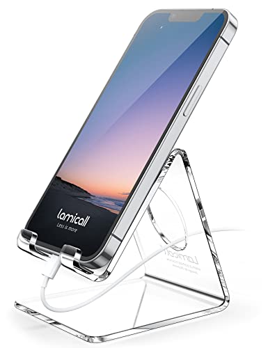 Lamicall Cell Phone Stand, Desk Accessories - Clear Office Cell Phone Holder, Acrylic Phone Stand, Desktop, Acrylic Office Supplies Desk Decor Accessories, Suitable for iPhone, 4-8'' Phone, Gifts - color: clear