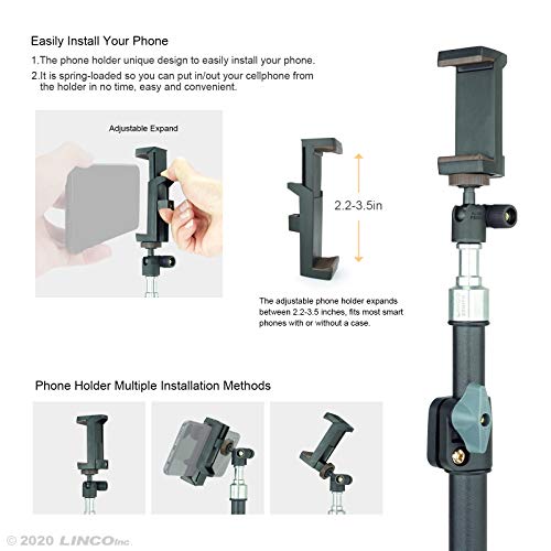 LINCO Selfie Stick Cell Phone Stand for Video Call and Conference, 360 Degree Ball Head, 63 Inches Compact Tripod Stand for Apple & Android Devices, C004B 1 Set