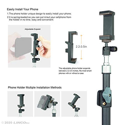 LINCO Selfie Stick Cell Phone Stand for Video Call and Conference, 360 Degree Ball Head, 63 Inches Compact Tripod Stand for Apple & Android Devices, C004B 1 Set