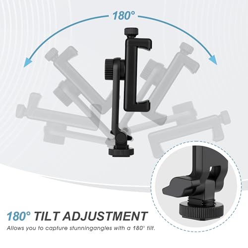 Universal Cell Phone Tripod Mount Adapter, Camera Hot Shoe Phone Holder Clamp with 360 Rotation Bracket 1/4" Screw Hole for Canon Nikon Sony DSLR iPhone Android - color: Black-with cold shoe