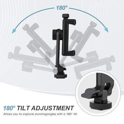 Universal Cell Phone Tripod Mount Adapter, Camera Hot Shoe Phone Holder Clamp with 360 Rotation Bracket 1/4" Screw Hole for Canon Nikon Sony DSLR iPhone Android - color: Black-with cold shoe