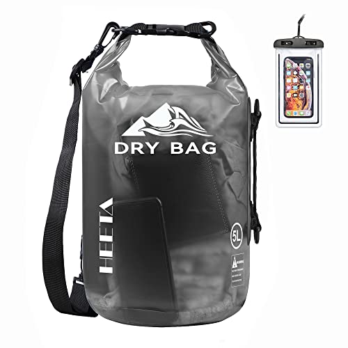 HEETA Dry Bag Waterproof for Women Men, 5L/10L/20L/30L/40L Roll Top Lightweight Dry Storage Bag Backpack with Phone Case for Travel Swimming Boating Kayaking Paddle Board Camping Beach Accessories - color: Black, size: 5L